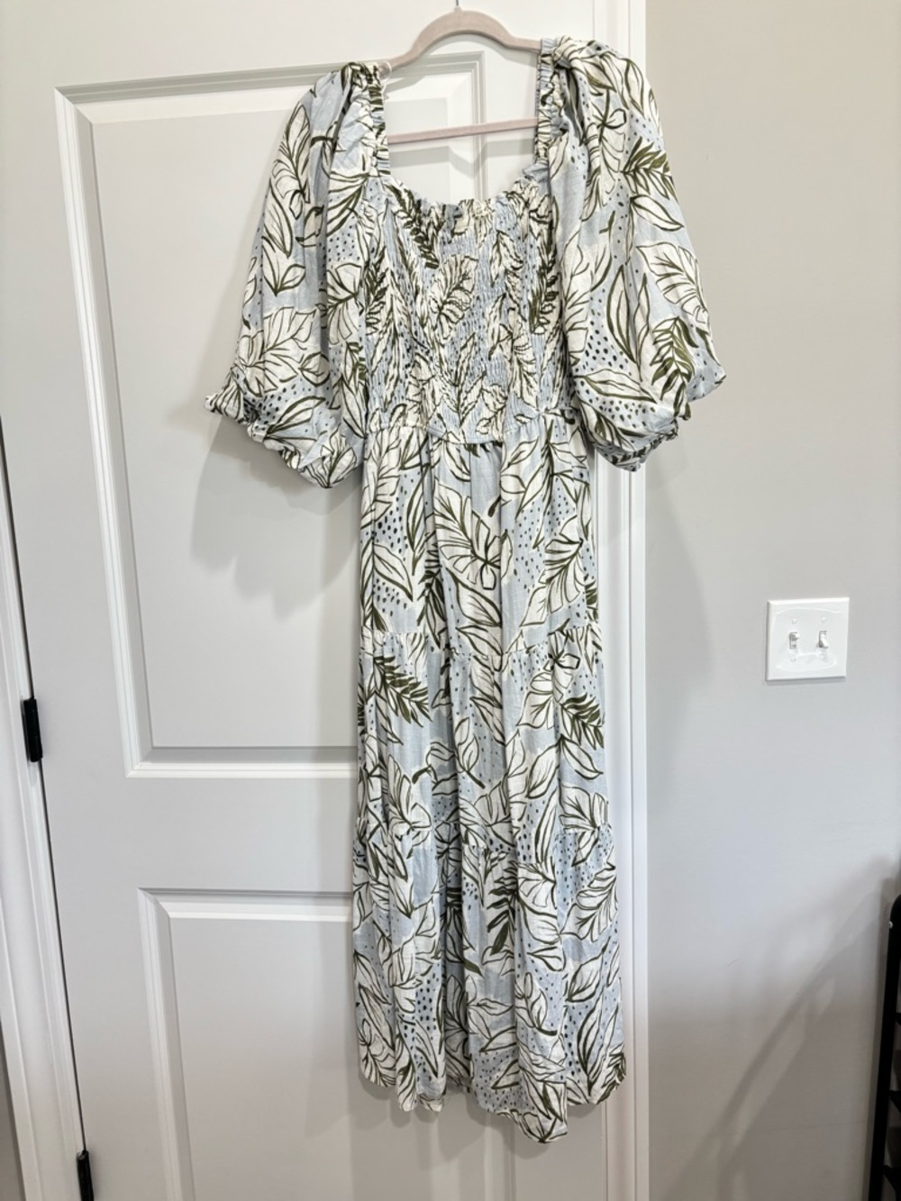Karlie White and Olive Green Leaf Print Maxi Dress